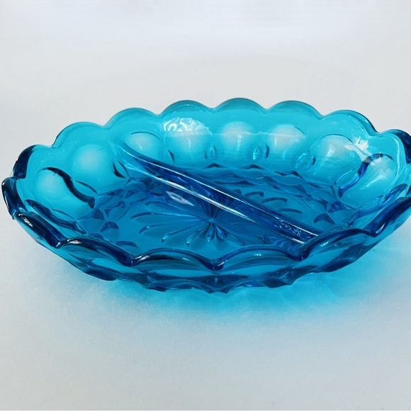 MCM Indiana Glass Blue Oval Divided Dish x 2 - Picture 3 of 14